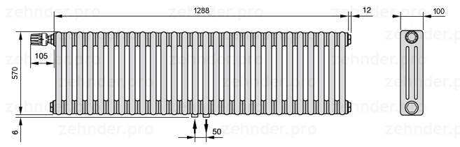 Схема (чертеж) Радиатор Zehnder Charleston 3057/28 №V007 Technoline TL